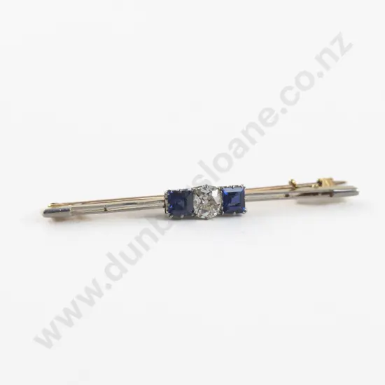 Art Deco 18ct and Platinum Three Stone Sapphire and Diamond Bar Brooch