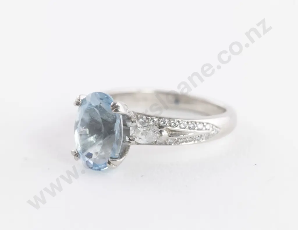 All Platinum 45Stone Aquamarine and Diamond Ring Image 1++