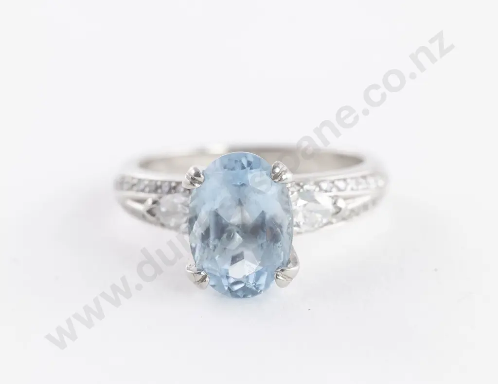 All Platinum 45Stone Aquamarine and Diamond Ring Image 1++