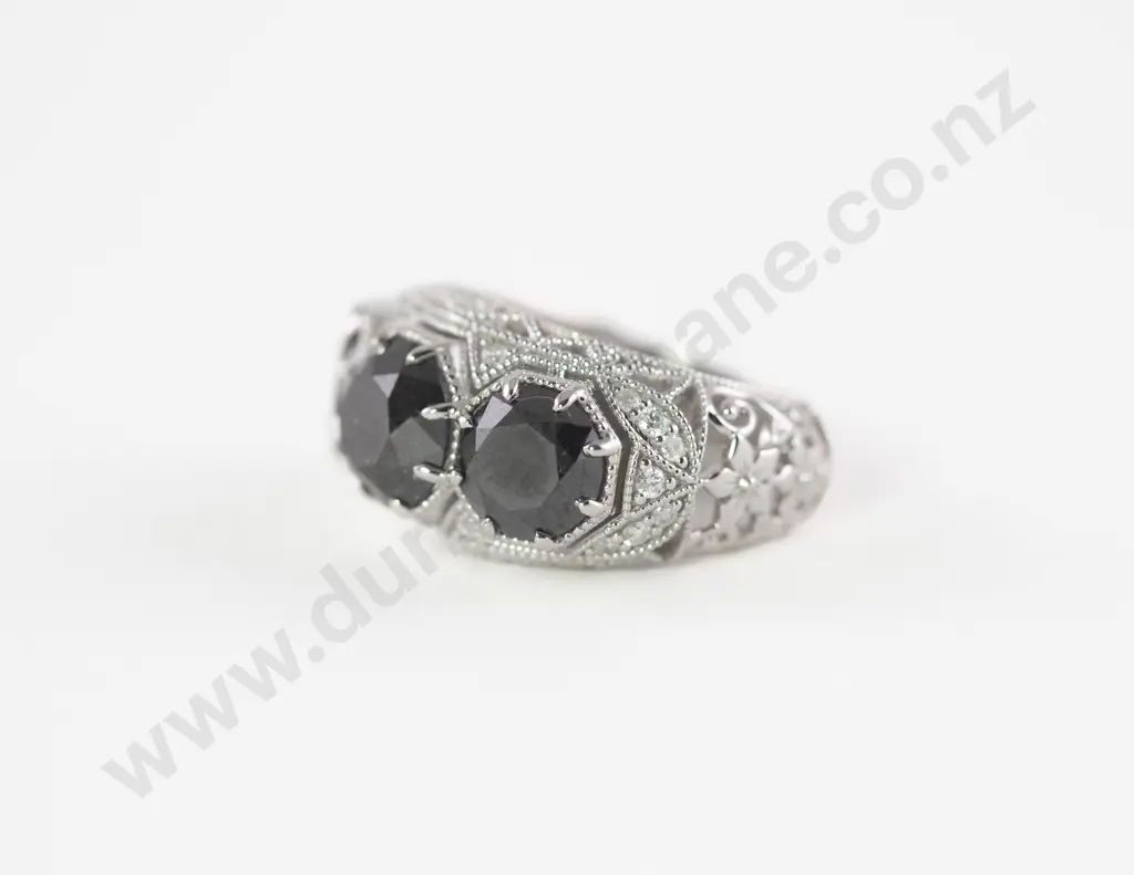 14ct White Gold 21Stone Black Diamond Ring Image 1++