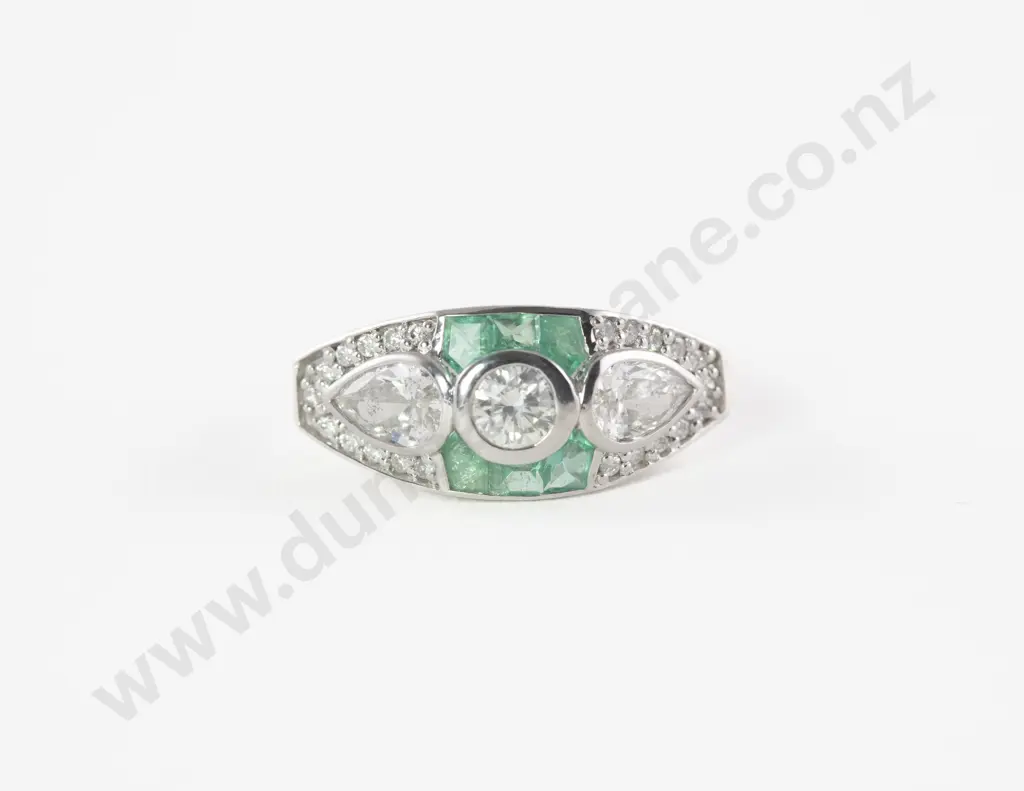 14ct White Gold 41Stone Diamond and Emerald Dress Ring Image 1++