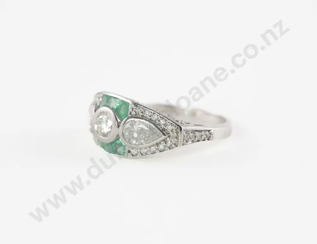14ct White Gold 41Stone Diamond and Emerald Dress Ring Image 1++