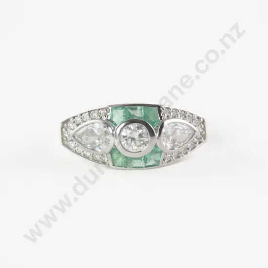 14ct White Gold 41Stone Diamond and Emerald Dress Ring