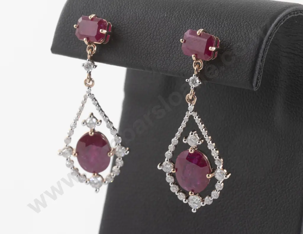 Pair 14ct Rose Gold 60Stone Ruby and Diamond Pendant Drop Earrings Image 1++