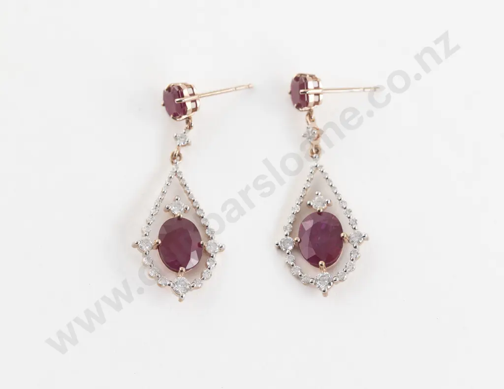 Pair 14ct Rose Gold 60Stone Ruby and Diamond Pendant Drop Earrings Image 1++