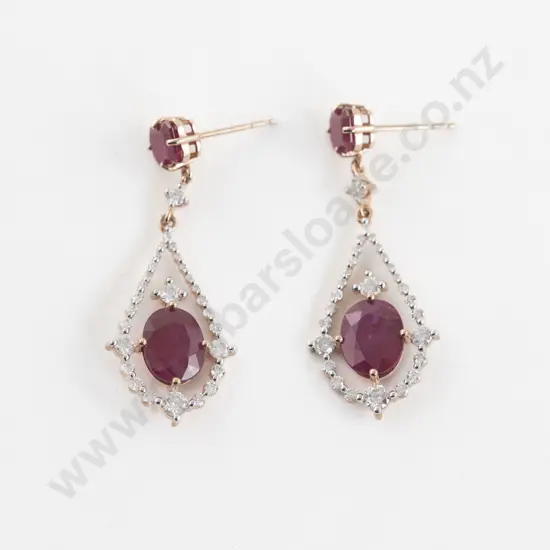 Pair 14ct Rose Gold 60Stone Ruby and Diamond Pendant Drop Earrings