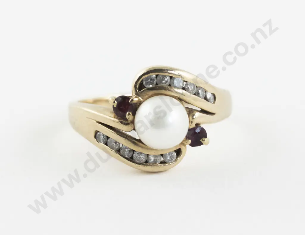14ct 15Stone Ruby Pearl and Diamond Ring Image 1++