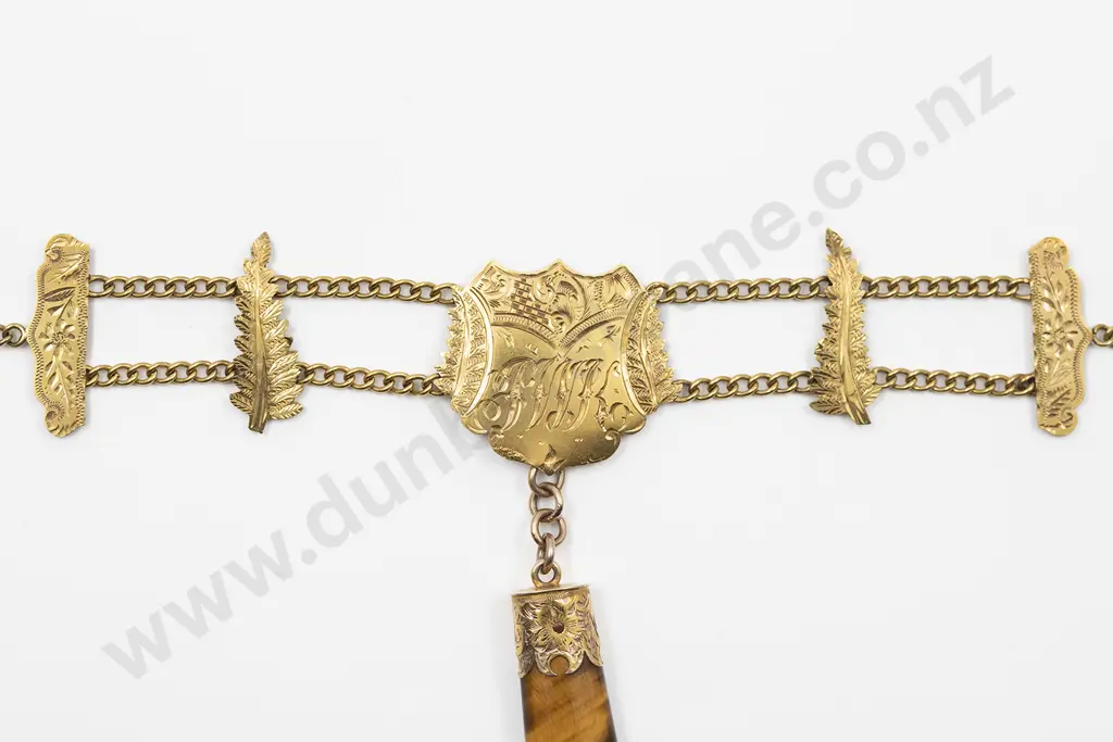 NZ Colonial 9ct Watch Fob with Tiger-Eye Pendant Image 1++