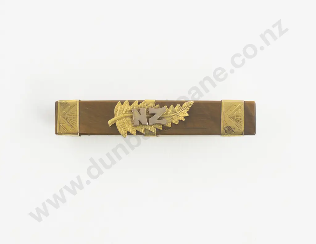 9ct Gold Mounted 'NZ' Tiger Eye Bar Brooch Image 1++