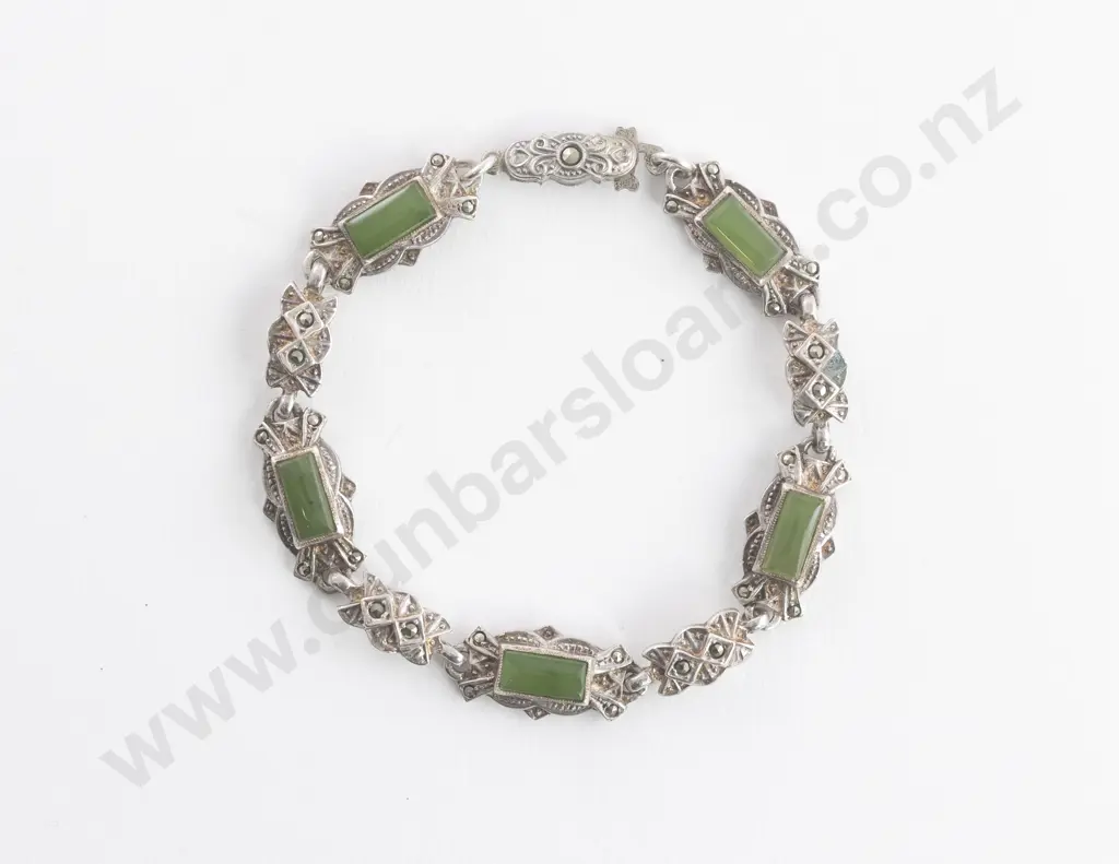 NZ Silver Fancy Marcasite and Greenstone Bracelet Image 1++