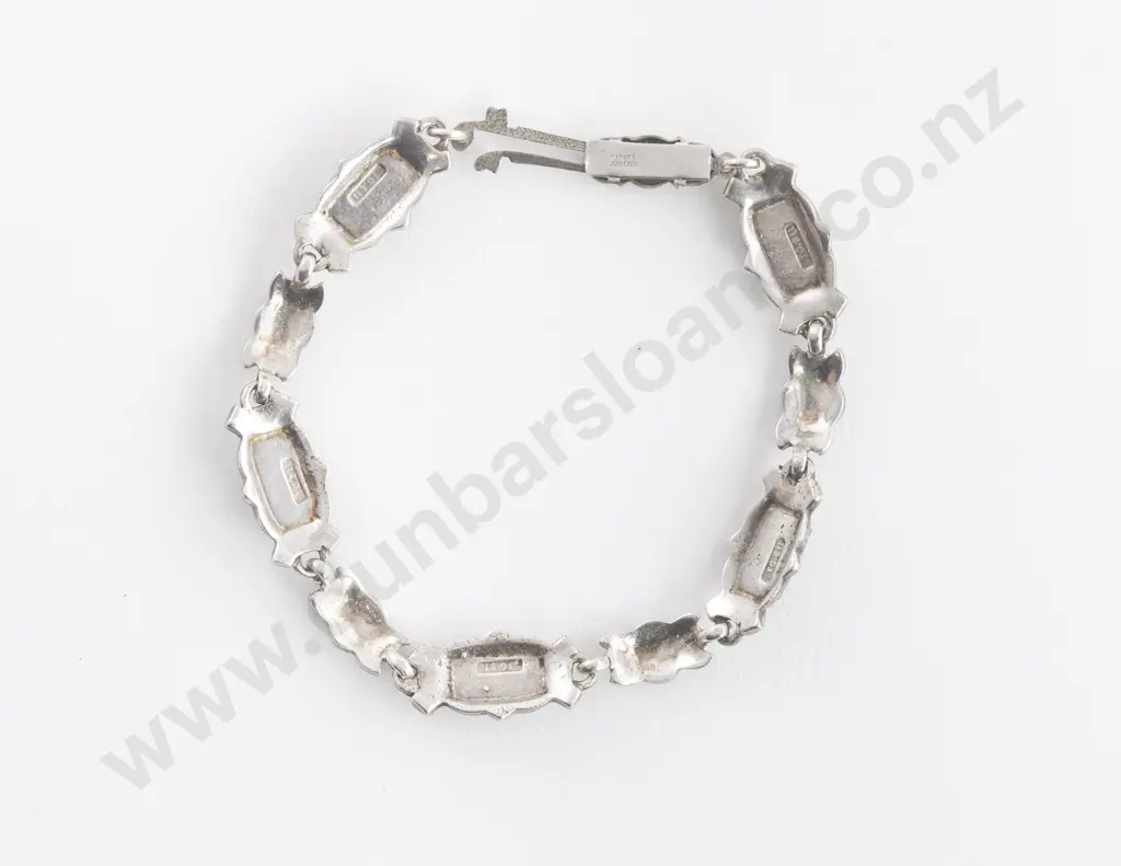 NZ Silver Fancy Marcasite and Greenstone Bracelet Image 1++