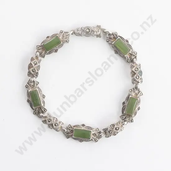 NZ Silver Fancy Marcasite and Greenstone Bracelet