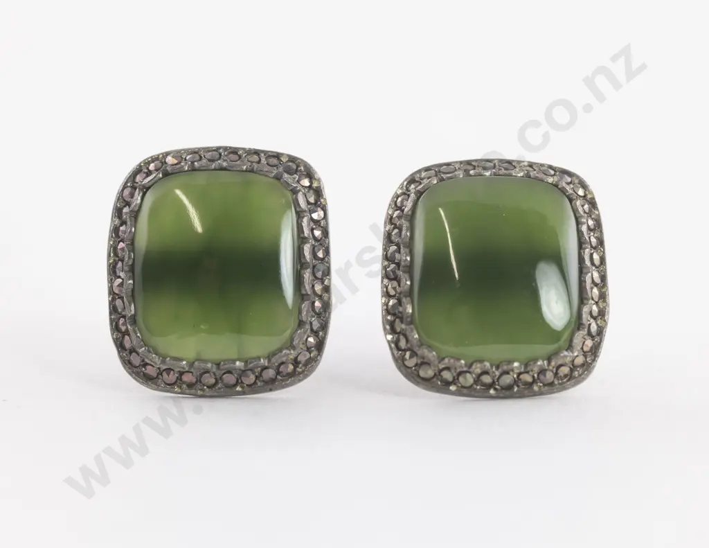 Pair NZ Silver Marcasite and Greenstone Panel Earrings Image 1++