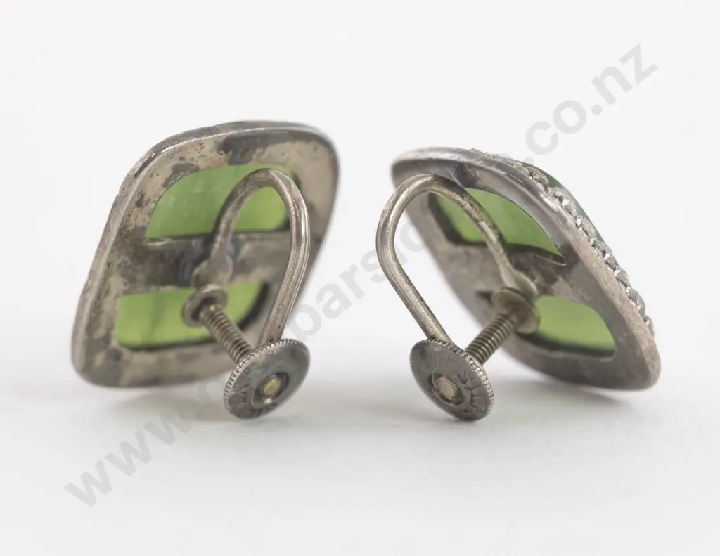 Pair NZ Silver Marcasite and Greenstone Panel Earrings Image 1++
