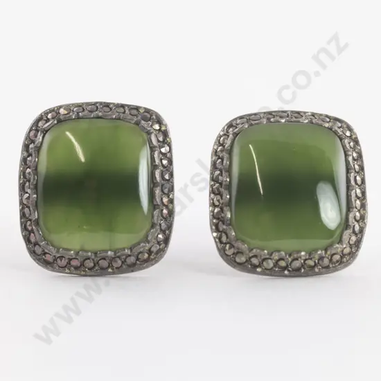Pair NZ Silver Marcasite and Greenstone Panel Earrings