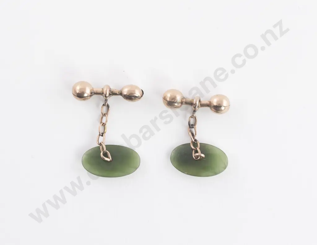 Pair 9ct and NZ Greenstone Panel Cuff Links Image 1++