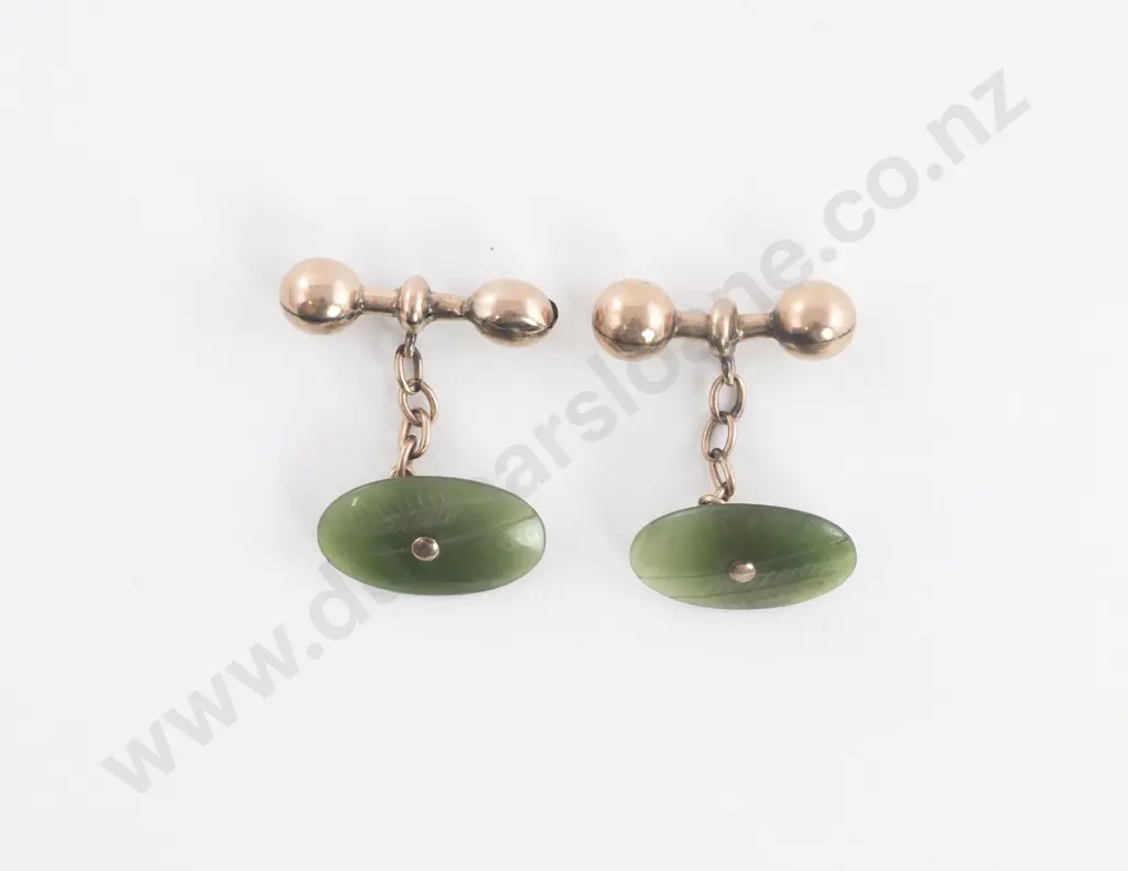 Pair 9ct and NZ Greenstone Panel Cuff Links Image 1++