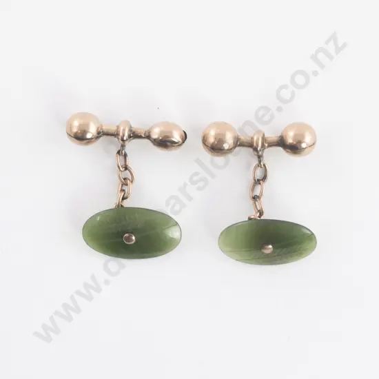 Pair 9ct and NZ Greenstone Panel Cuff Links