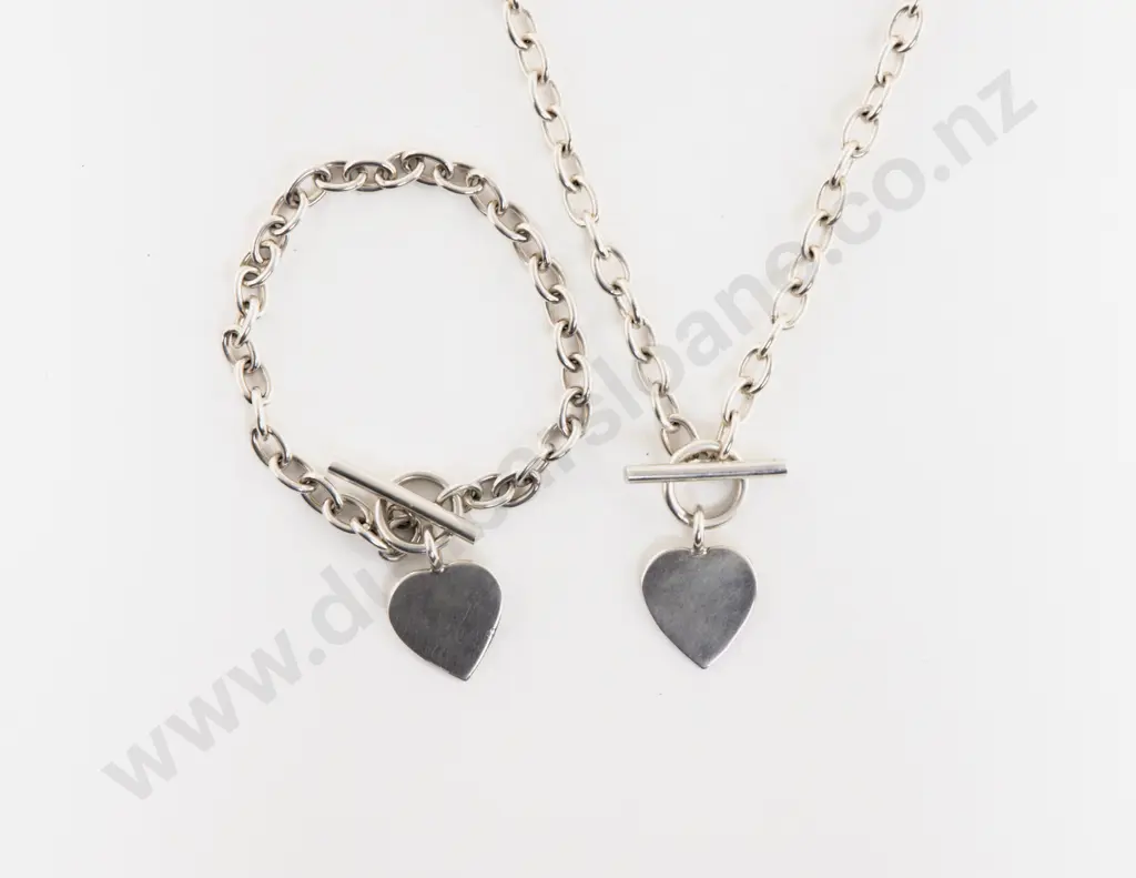 S/S Trace Link Heart Pendant Neck Chain and Matching Bracelet Image 1++