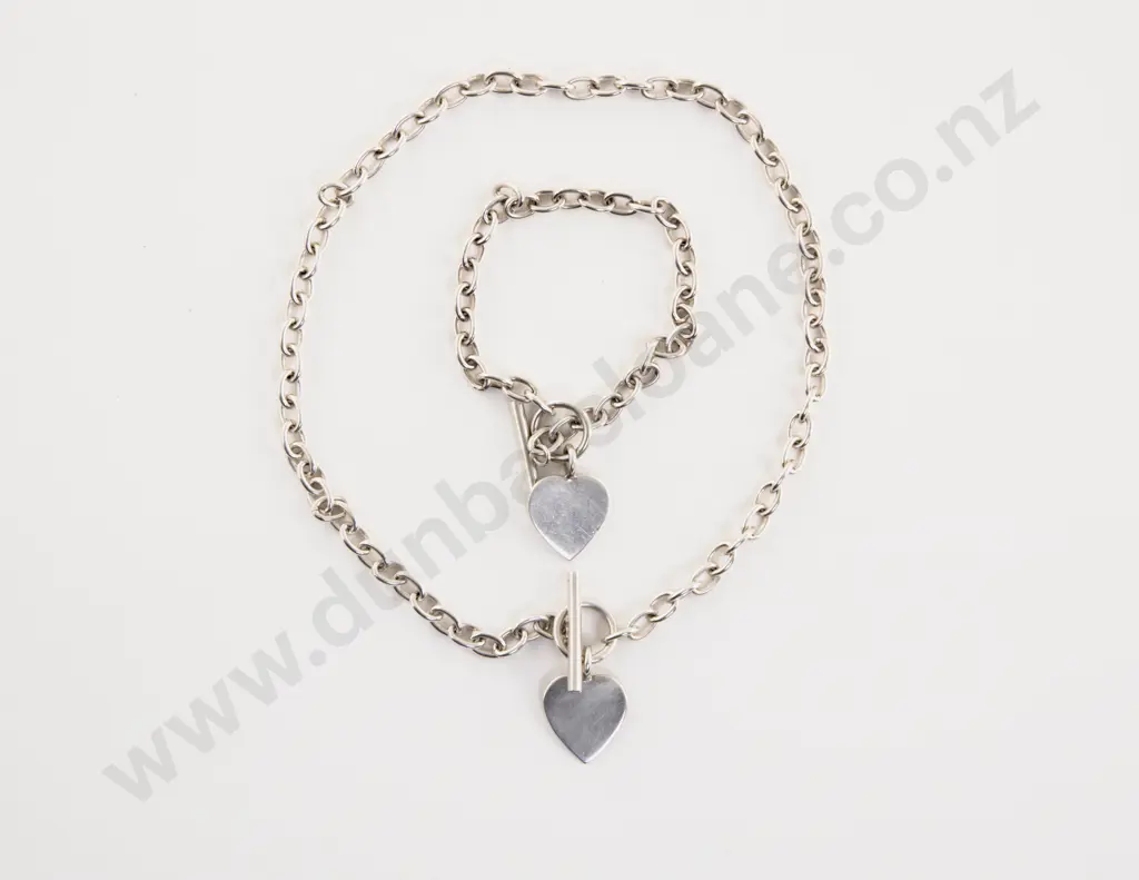 S/S Trace Link Heart Pendant Neck Chain and Matching Bracelet Image 1++