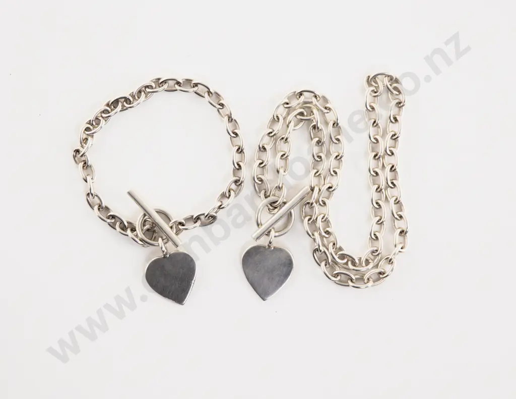S/S Trace Link Heart Pendant Neck Chain and Matching Bracelet Image 1++