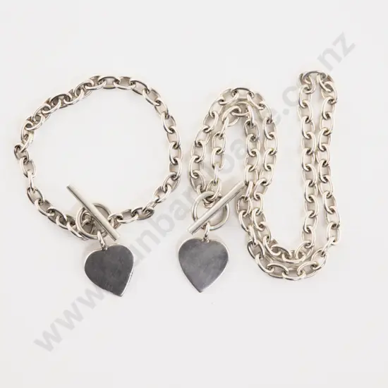 S/S Trace Link Heart Pendant Neck Chain and Matching Bracelet