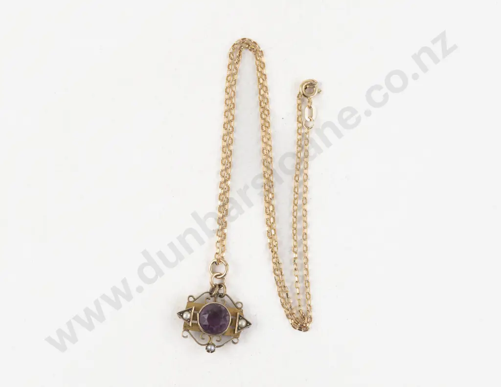 9ct Four Stone Amethyst and Seed Pearl Pendant Image 1++