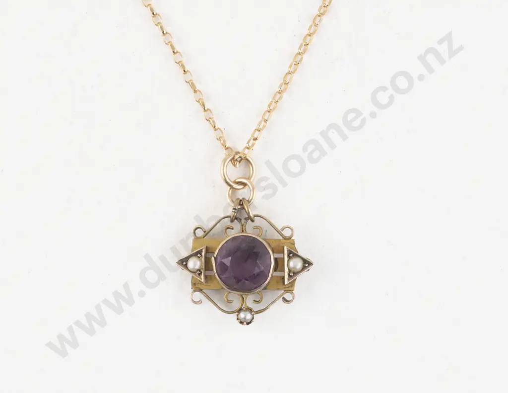 9ct Four Stone Amethyst and Seed Pearl Pendant Image 1++