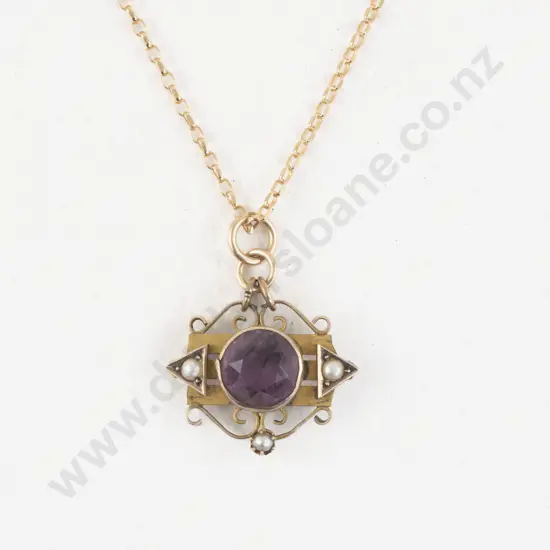 9ct Four Stone Amethyst and Seed Pearl Pendant