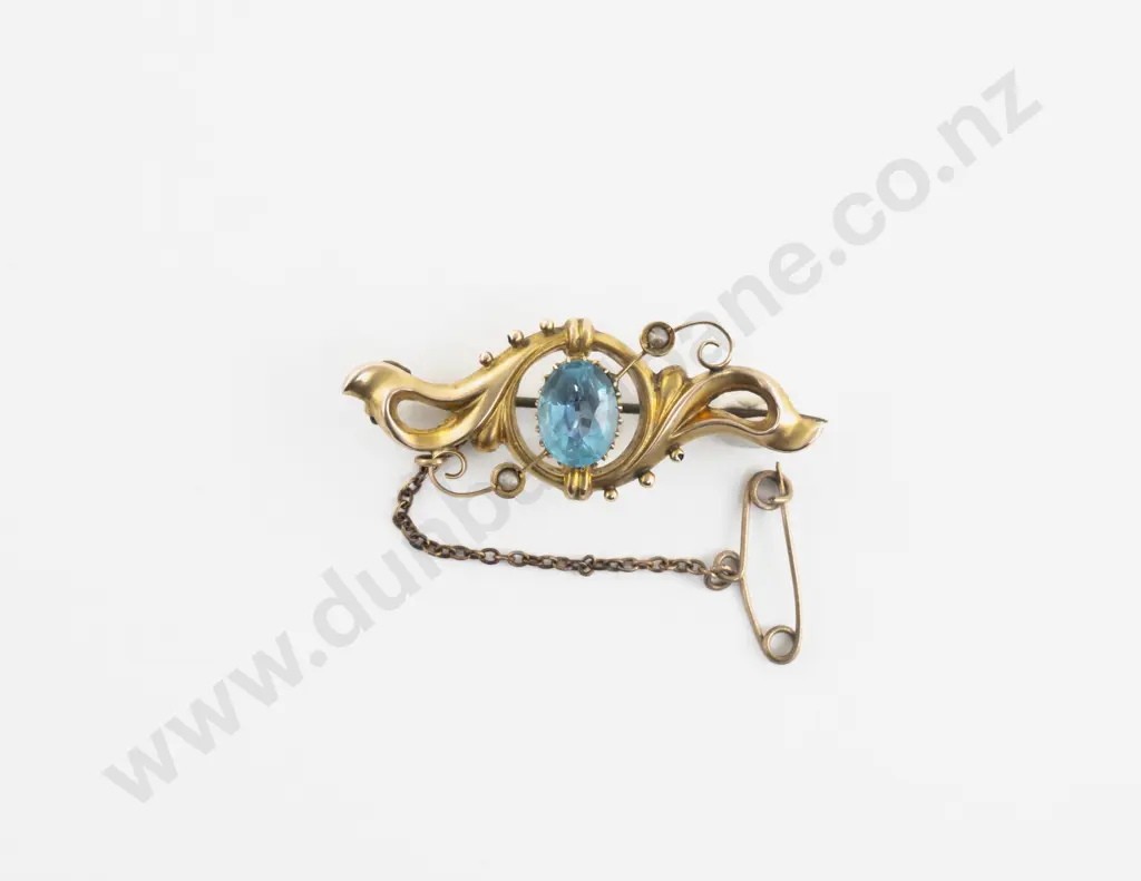 Victorian 9ct Three Stone Topaz and Pearl Scroll Brooch Image 1++