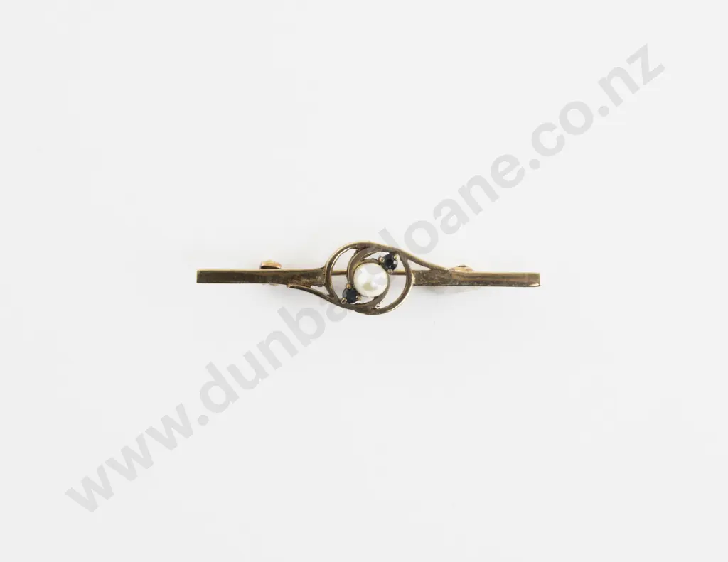 Victorian 9ct Three Stone Pearl and Sapphire Bar Brooch Image 1++