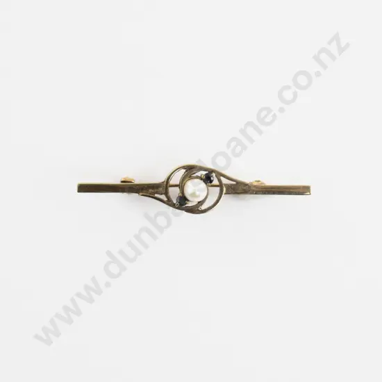 Victorian 9ct Three Stone Pearl and Sapphire Bar Brooch