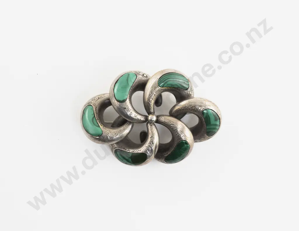 Victorian Silver Malachite Scroll Brooch Image 1++
