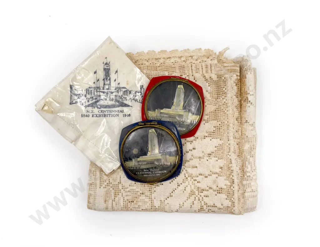 Two NZ Centennial Exhibition Powder Compacts together with Table Runners & Hankerchief Image 1++