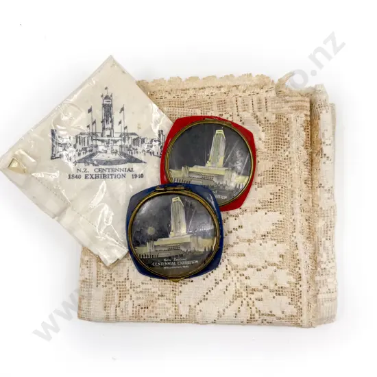Two NZ Centennial Exhibition Powder Compacts together with Table Runners & Hankerchief