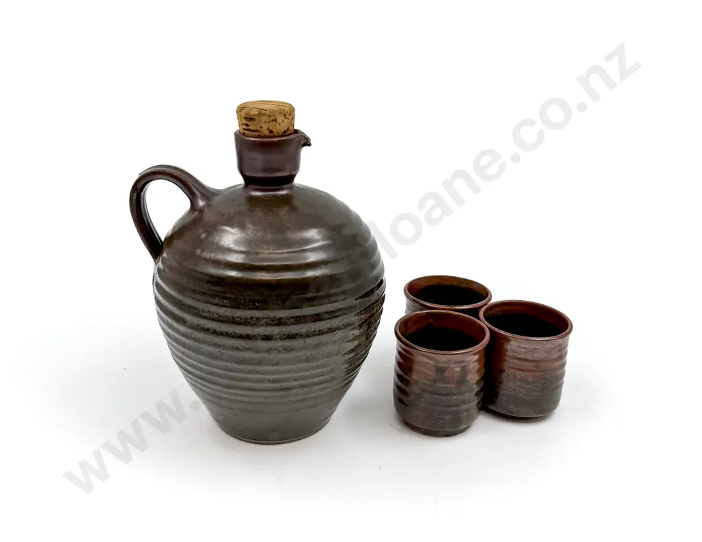 NZ Pottery Carafe & Three Beakers Image 1++