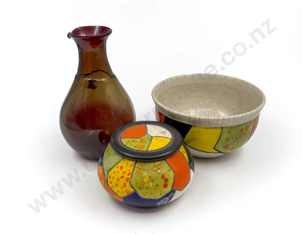 Pam Edwards Bowl & Lidded Storage Container & Hand Blown Glass Carafe Image 1++