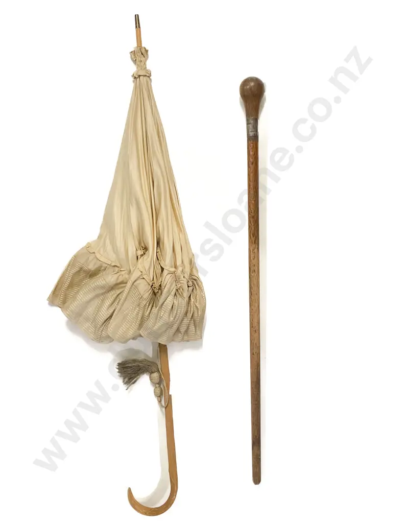Edwardian Silk Parasol & Oak Walking Stick Image 1++