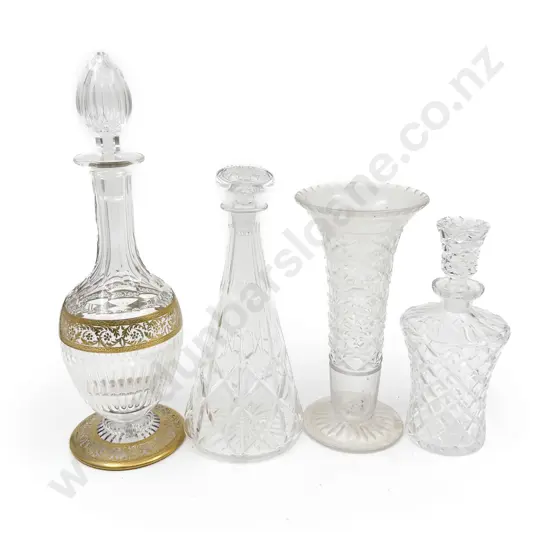 Gilt Overlaid Crystal Decanter & Two Others & Vase