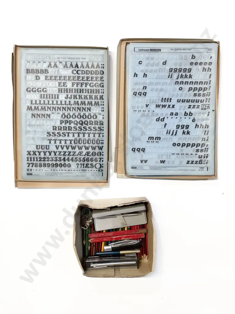 Two Boxes Used Letraset & Quantity of Pens & Pencils Image 1++