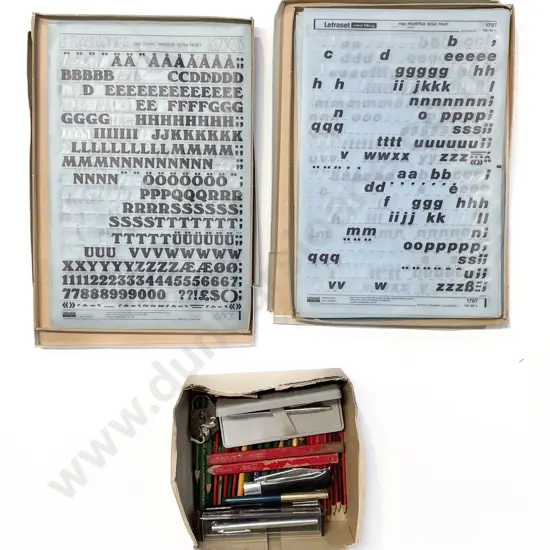 Two Boxes Used Letraset & Quantity of Pens & Pencils