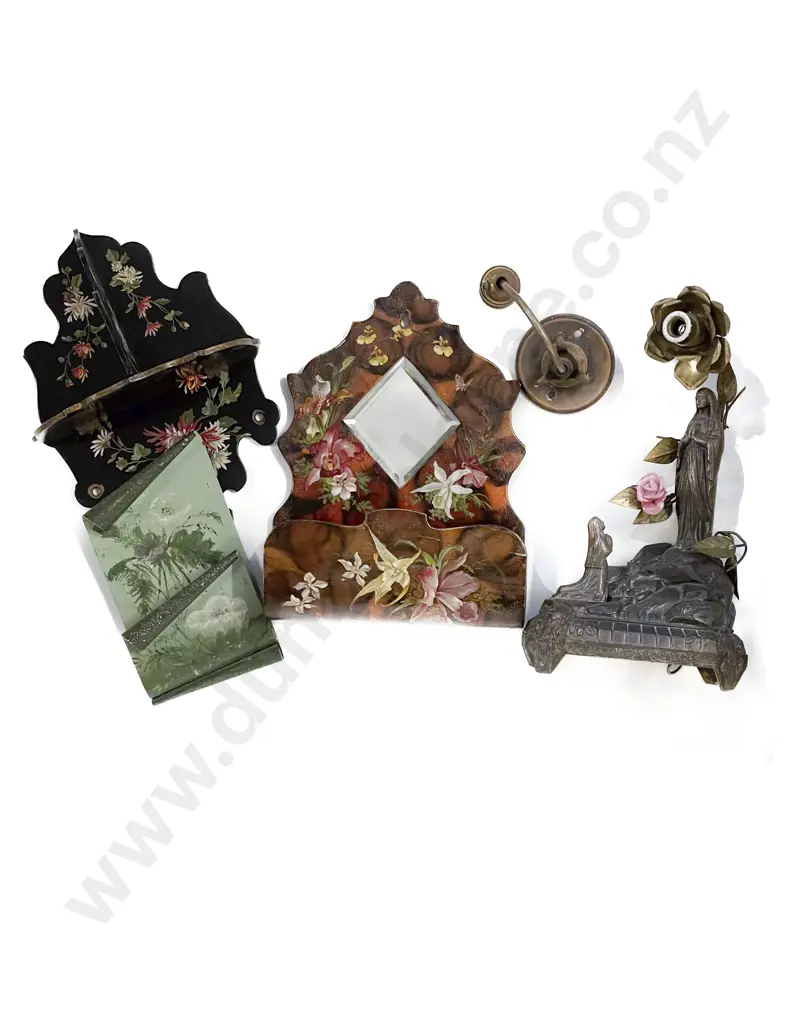 Two Victorian Papier Mache Wall Shelves & Assorted Metalware Image 1++