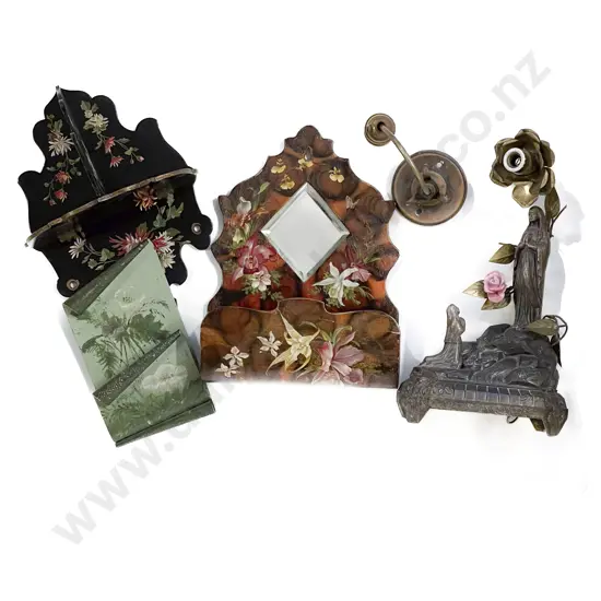 Two Victorian Papier Mache Wall Shelves & Assorted Metalware