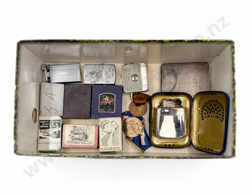 Collection Vintage Lighters Matchbox Covers Cig Case Two Medals & Pocket Hand Warmer Image 1++