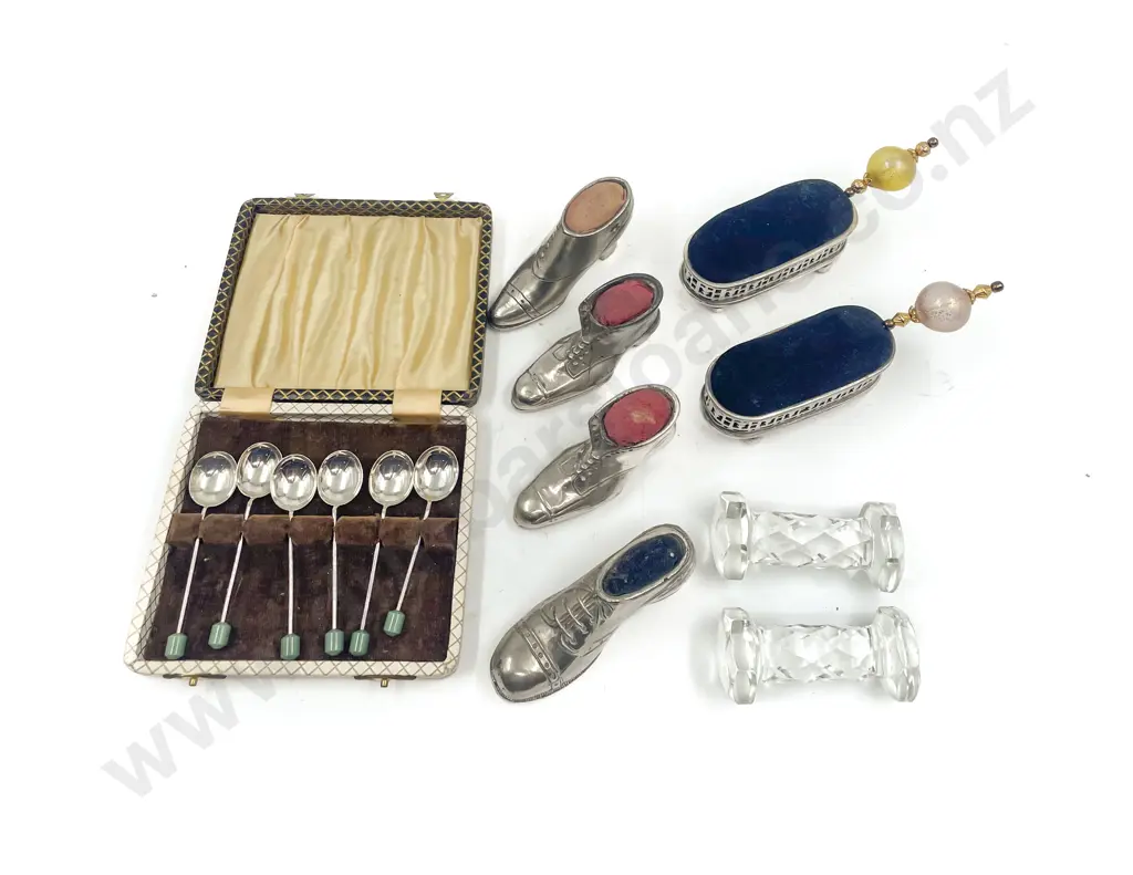 Boxed Set S/P Coffee Spoons with Crystal Knife Rests & Six Vintage Pin Cushions Image 1++