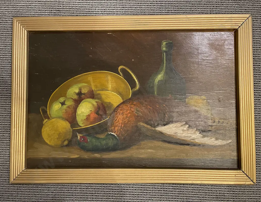 Unknown Artist - Still Life with Fruits Bottle & Pheasant - Oil on Panel Image 1++
