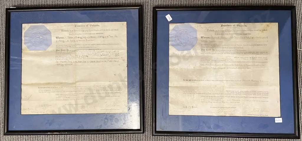 Pair of Framed Circa 1875 Canadian Colonial Land Deeds from the Province of Ontario A/F Image 1++