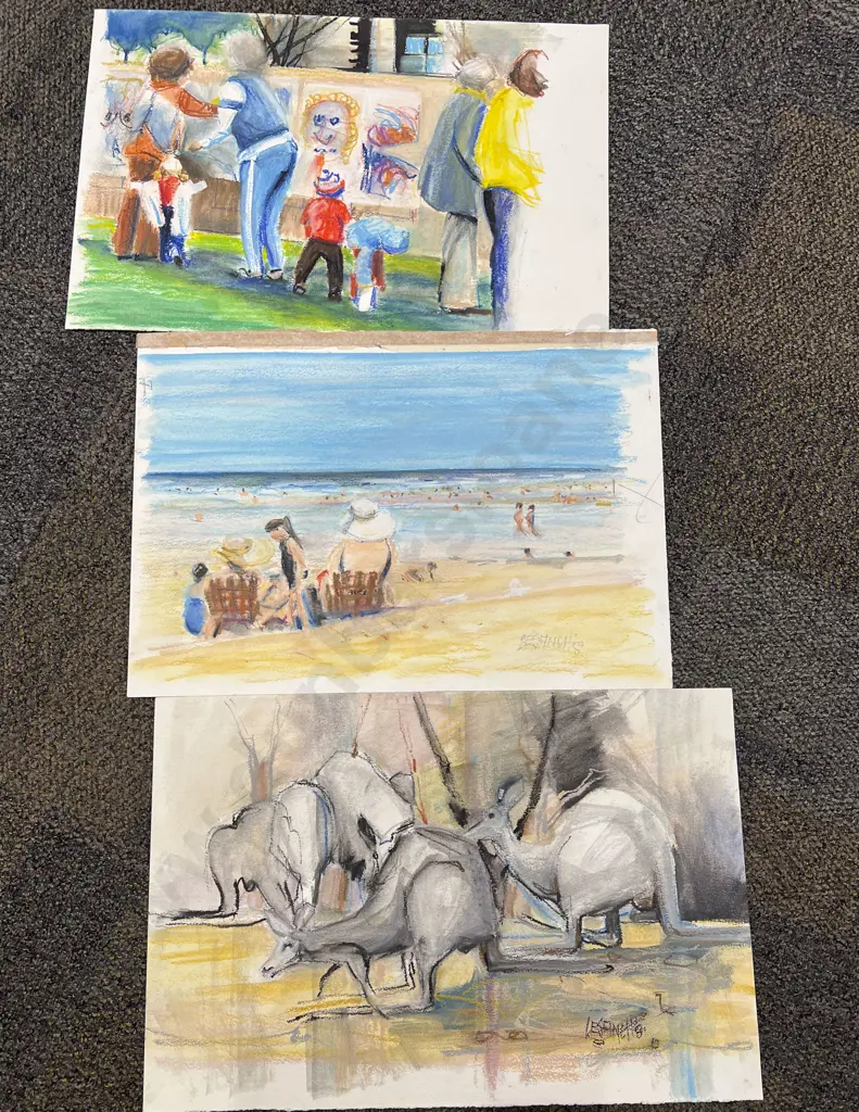 Three Unframed Les Finch Pastel on Paper Artworks Image 1++