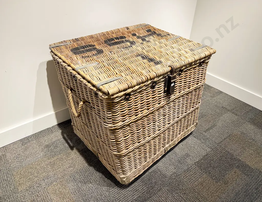Vintage Large Woven Willow Laundry Basket Stencilled "SSH1" Image 1++