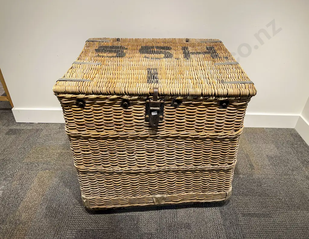 Vintage Large Woven Willow Laundry Basket Stencilled "SSH1" Image 1++
